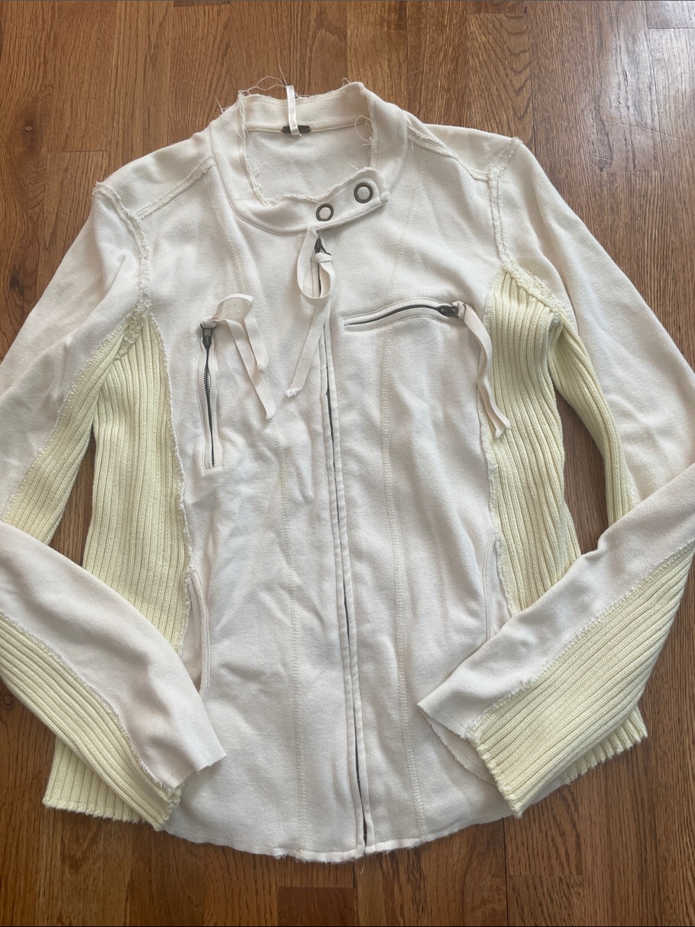 Free People Cream & Yellow Utility Zip Jacket with Ribbed Side Panels medium